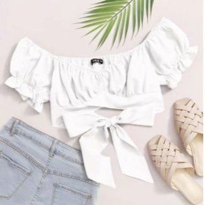 Tied Hem Puff Sleeve Crop Top